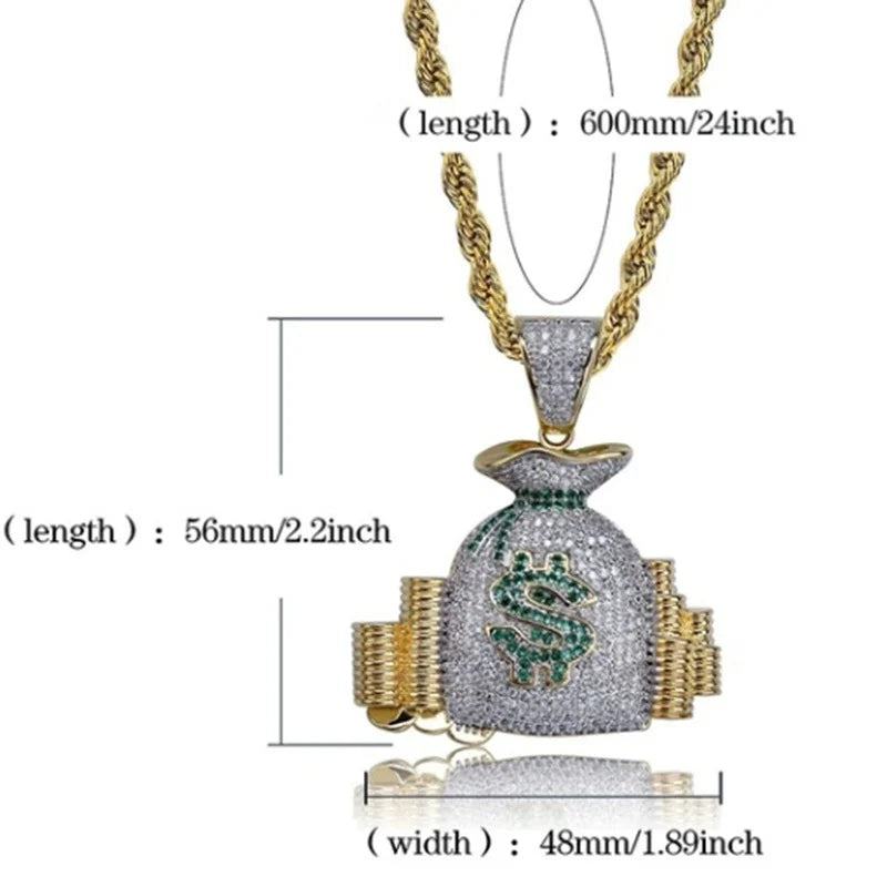 ALDO Jewelry Iced Out Dollar Money Bag Shiny Cubic Zirconia Pendant Necklace with Rhinestones For Good Fortune for Man and Woman