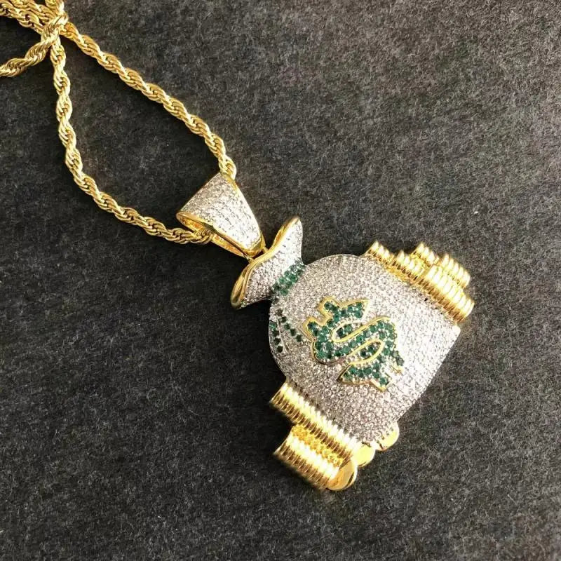 ALDO Jewelry Iced Out Dollar Money Bag Shiny Cubic Zirconia Pendant Necklace with Rhinestones For Good Fortune for Man and Woman