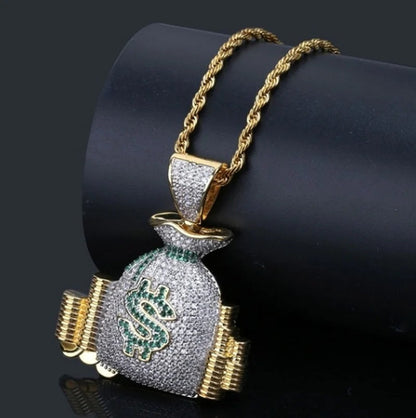 ALDO Jewelry Iced Out Dollar Money Bag Shiny Cubic Zirconia Pendant Necklace with Rhinestones For Good Fortune for Man and Woman