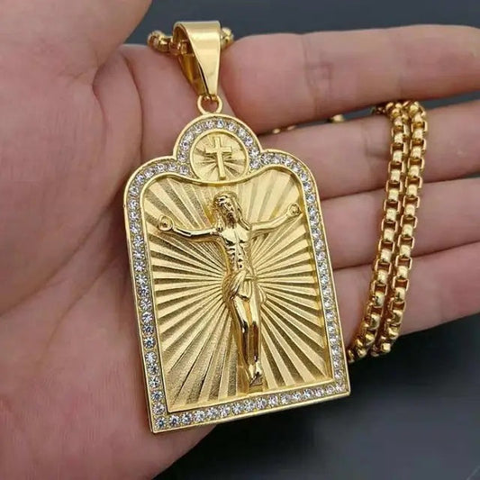 ALDO Jewelry Jesus Christ Designer Christian Amulet Pendant Necklace with Cross and Rhinestones