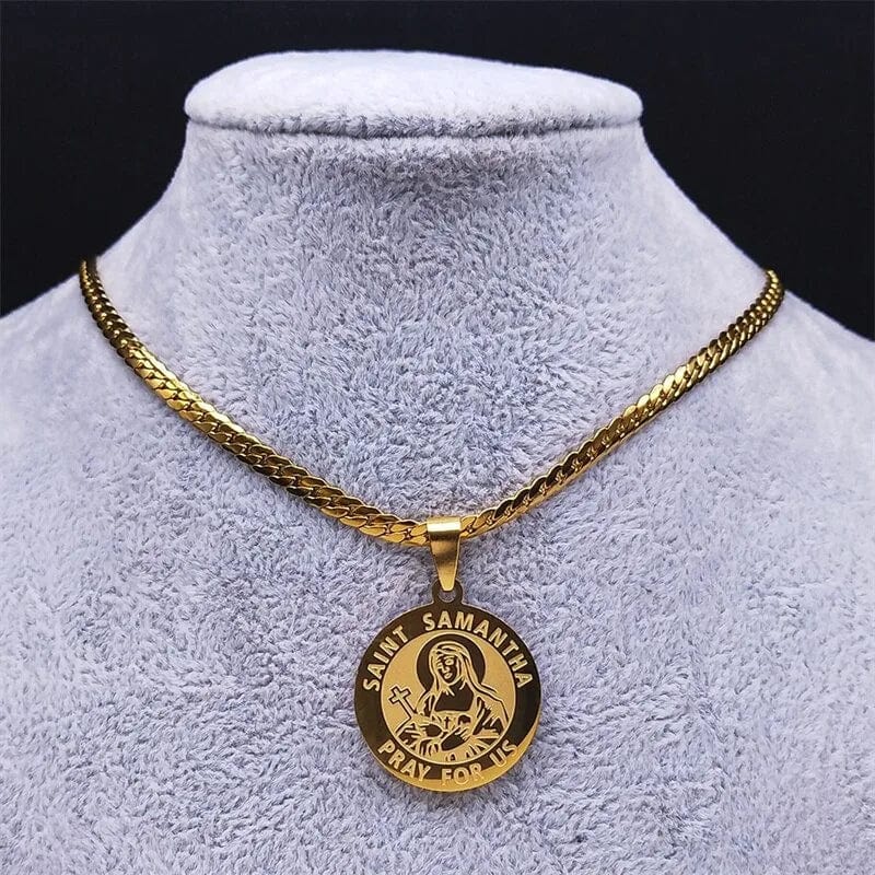 ALDO Jewelry Saint Samantha Pray for Us Stainless Steel Amulet Medal Pendant Necklace for Men and Women