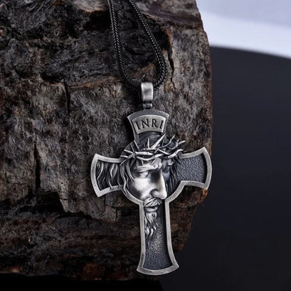 ALDO Jewelry Silver Cross With  Jesus Head and Crown of Thorns Amulet Medal Pendant Necklace for Men and Women