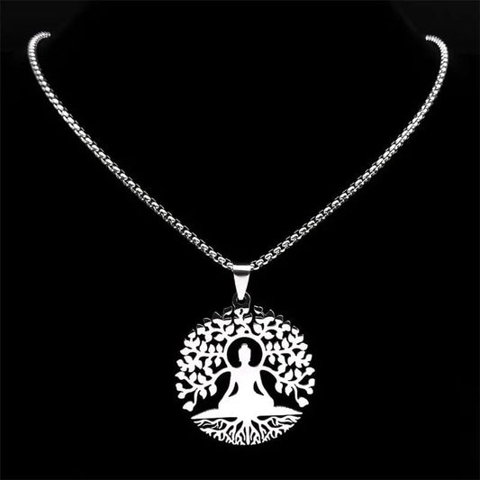 ALDO Jewelry Silver Diameter 50 cm Yoga Buddha Sacred  Meditation Necklace Pendant Good Health Protection and Great Fortune for Woman