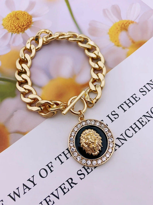 ALDO Jewelry Unique Gold Plated Lion Head Braided Bracelet with Rhinestones
