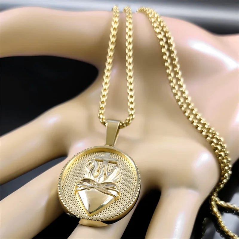 ALDO Jewelry Vintage Christian Sacred Heart of Jesus Cross  Stainless Steel Amulet Pendant Necklace for Protection Men and Women