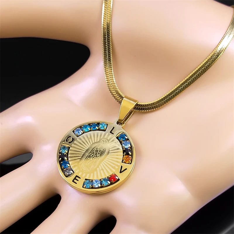 ALDO Jewelry Virgin Mary  Our Lady Guadalupe  Stainless Steel Amulet Medal Pendant Necklace with Rhinesstones for Protection Men and Women