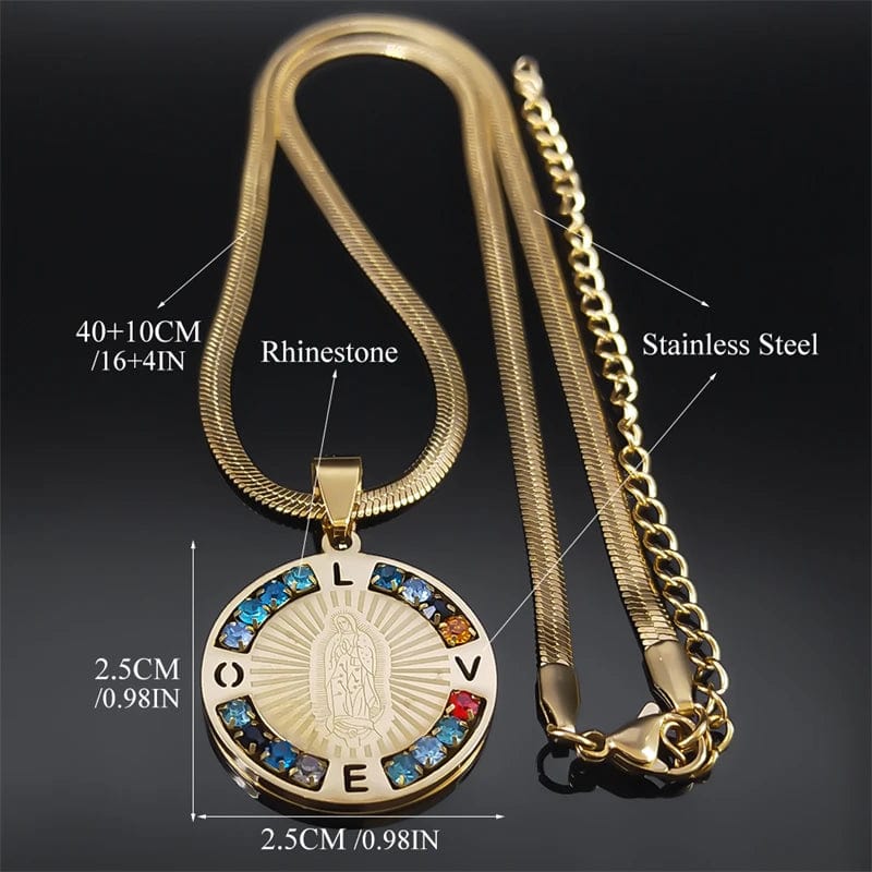 ALDO Jewelry Virgin Mary  Our Lady Guadalupe  Stainless Steel Amulet Medal Pendant Necklace with Rhinesstones for Protection Men and Women