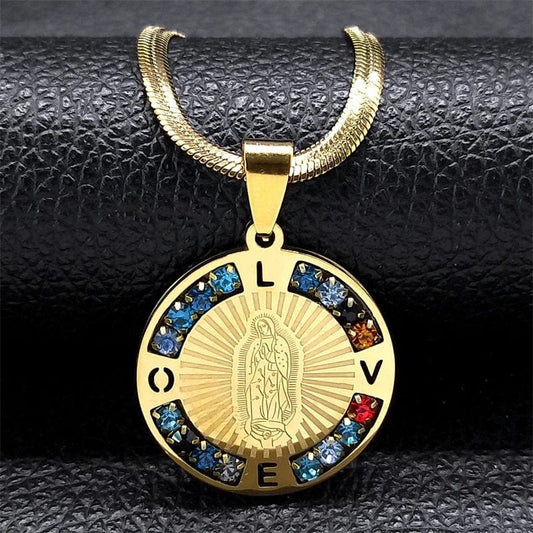 ALDO Jewelry Virgin Mary  Our Lady Guadalupe  Stainless Steel Amulet Medal Pendant Necklace with Rhinesstones for Protection Men and Women