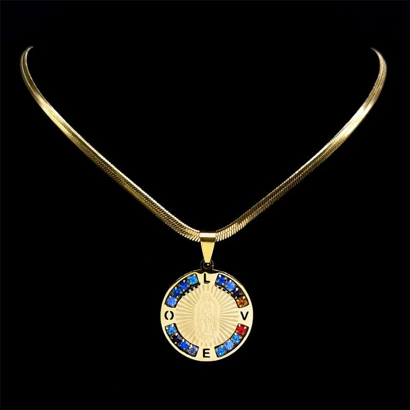 ALDO Jewelry Virgin Mary  Our Lady Guadalupe  Stainless Steel Amulet Medal Pendant Necklace with Rhinesstones for Protection Men and Women