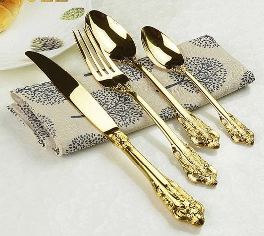 ALDO Kitchen & Dining / Tableware / 24 Karat Gold Plated Vintage Royal Cutlery Stainless Steel Dinnerware 24pcs  6 Users Set