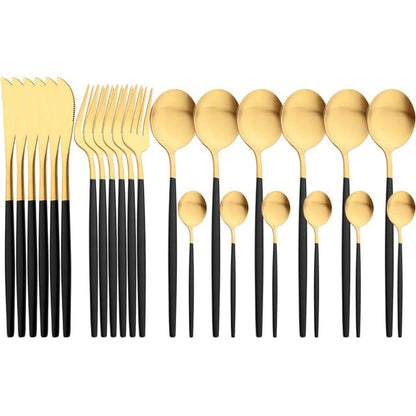 ALDO Kitchen & Dining / Tableware / 24pcs Black Gold Silver Upscale Tableware Dinnerware Stainless Steel Cutlery Sets In Gift Box