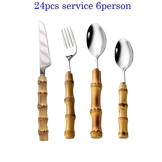 ALDO Kitchen & Dining / Tableware / 24pcs Original Nature Bamboo Handle Stainless Steel  Dinnerware Cutlery Sets