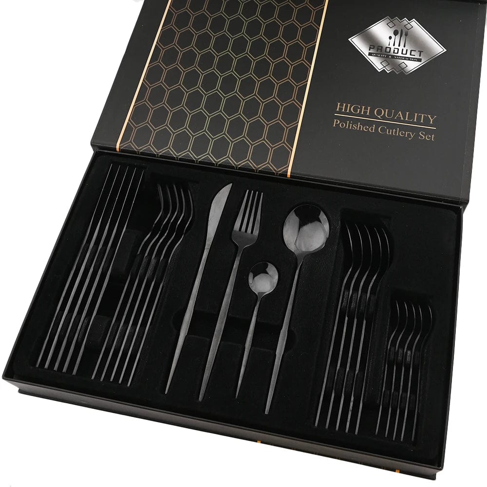 ALDO Kitchen & Dining / Tableware / Black 24pcs Black Gold Silver Upscale Tableware Dinnerware Stainless Steel Cutlery Sets In Gift Box