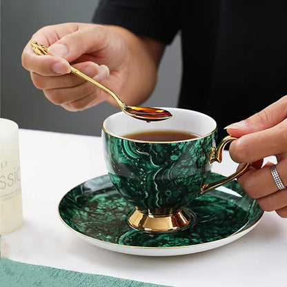 ALDO ‎> Kitchen & Dining > Tableware > Dinnerware 1 cup 1 saucer Luxury Green Bone China Pocelain 24 carat Gold  Plated Coffee Tea Set