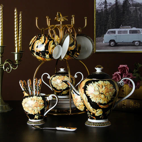 ALDO ‎> Kitchen & Dining > Tableware > Dinnerware 15 Pcs Coffee or Tea Set with Rack / porcelain / new British Riyal Collection Style Elegant Coffee and Tea Luxury 24 karat Plated Porcelain Set