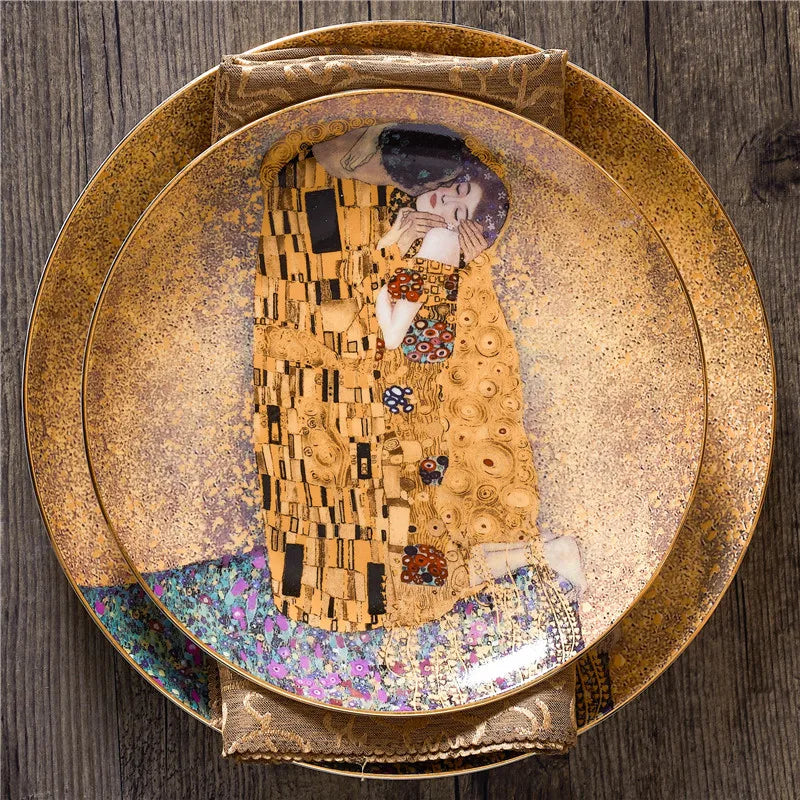 ALDO ‎> Kitchen & Dining > Tableware > Dinnerware 8 inch and 10 inch Dinner Plates set Gustav Klimt The Kiss Elegant Bone China Pocelain 24 carat Plated Coffee Tea Set