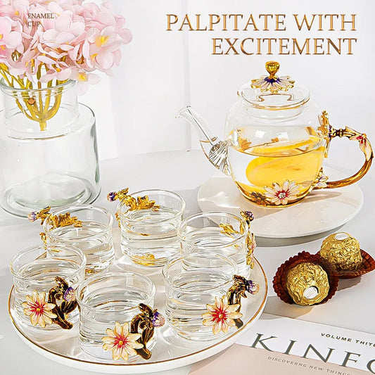 ALDO ‎> Kitchen & Dining > Tableware > Dinnerware Beautiful Enamel Crystal Tea Set and Daisy Glass Teapot