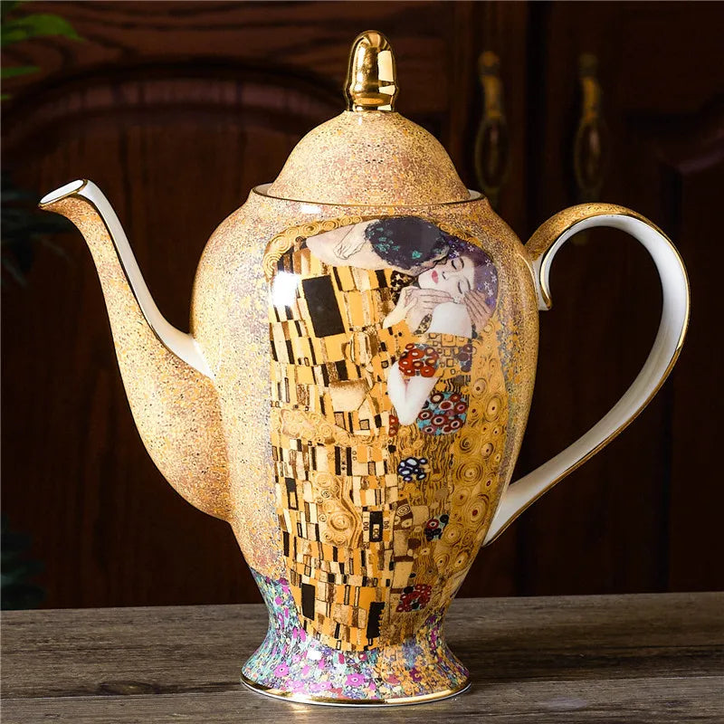 ALDO ‎> Kitchen & Dining > Tableware > Dinnerware coffee pot Gustav Klimt The Kiss Elegant Bone China Pocelain 24 carat Plated Coffee Tea Set