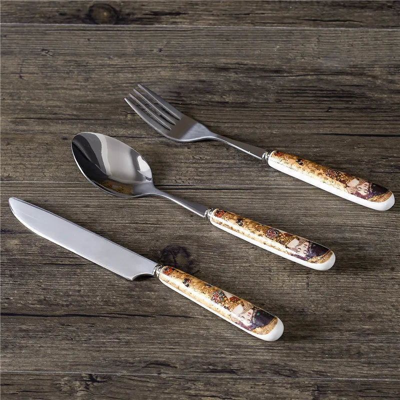 ALDO ‎> Kitchen & Dining > Tableware > Dinnerware knife fork spoon Gustav Klimt The Kiss Elegant Bone China Pocelain 24 carat Plated Coffee Tea Set