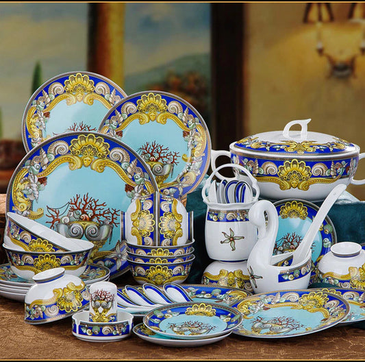 ALDO Kitchen & Dining > Tableware > Dinnerware Luxury European Royal Style Blue Ocean Hand Made Fine Porcelain Dinner Set For 10 Person
