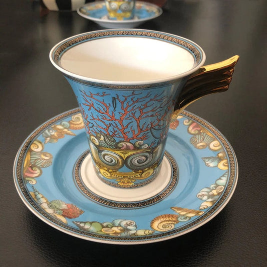 ALDO ‎> Kitchen & Dining > Tableware > Dinnerware One Cup and Saucer / porcelain / new Versace Style Blue Ocean Luxury Coffee and Tea Porcelain 24 karat Gold Plated Sets