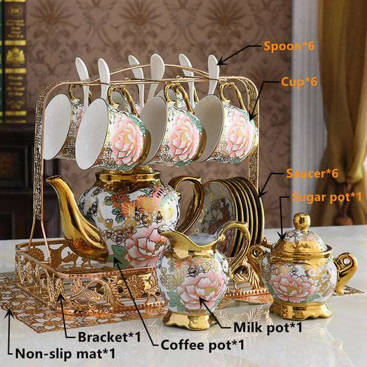 ALDO ‎> Kitchen & Dining > Tableware > Dinnerware Rose Garden Style / porcelain / new British Riyal Style Luxury Coffee and Tea Porcelain 24 Karat Gold Plated Sets For Six