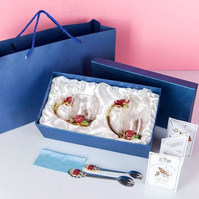 ALDO ‎> Kitchen & Dining > Tableware > Dinnerware Two Cups Short and Toll Set With Red Rose / crystal glass / new Transparent Glass Coffee Tea Mug Blue and Red Roses Heat-Resistant Cup Gift Sets Set with Stainless Steel Spoon and Coaster