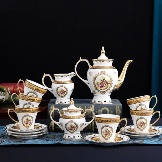 ALDO ‎> Kitchen & Dining > Tableware > Dinnerware Venitian Art Elegant Bone China Pocelain 24 carat Plated 15 Piece Coffee Tea Set