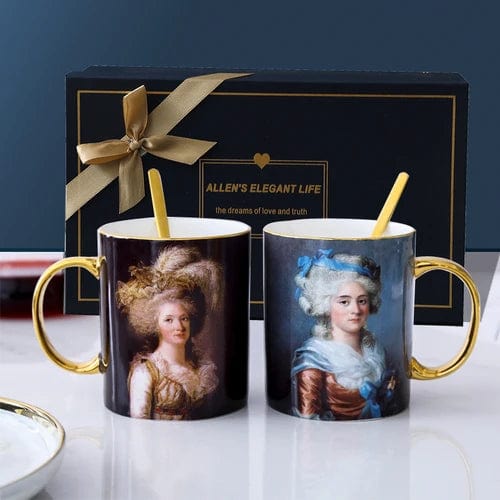 ALDO Kitchen & Dining > Tableware > Drinkware A and B Stile Set of Two Royal Classic Luxury Premium Oil Painting Tea Coffee Mugs 24 K Gold Plated Bone China Porcelain