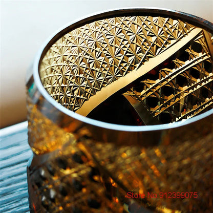 ALDO Kitchen & Dining > Tableware > Drinkware Amber Gem Royal Court Whiskey Glass Japanese Edo Kiriko Crystal  Whiskey Glass Diamond Cut