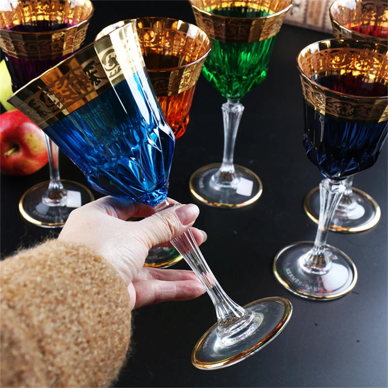 ALDO Kitchen & Dining > Tableware > Drinkware Blue Luxury Bohemian Lead Free Hand Cut and Hand Blown Crystal Multicolor Wine Goblets Champagne  Glasses with Real Gold leaf