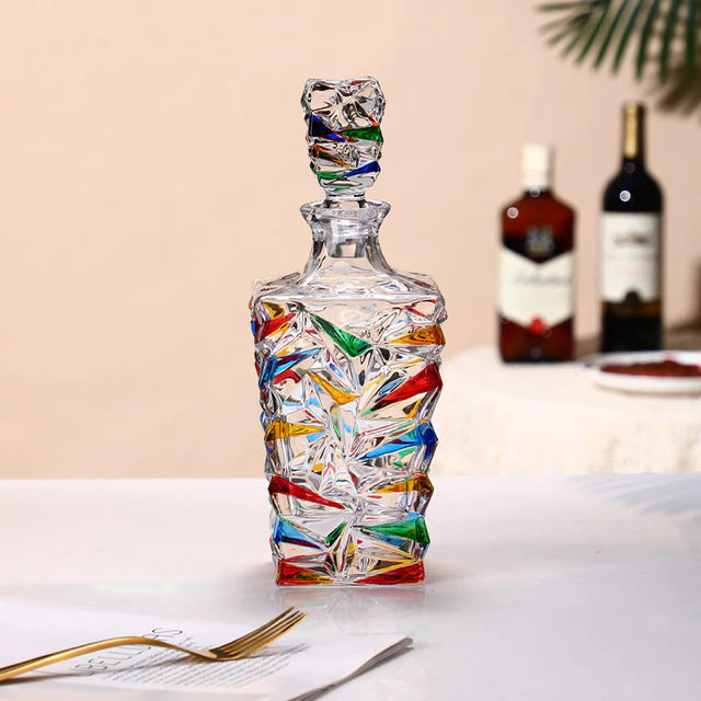ALDO Kitchen & Dining > Tableware > Drinkware Decanter / Crystal Lead Free / See Attached Pictures Italian Murano Style Luxury Hand Cut and Painted Colorful Stain lead Free Crystal Free Whisky Vodka Cocktail Glasses and Decanter