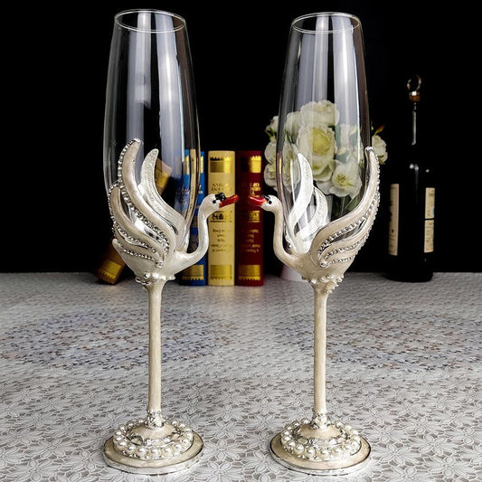 ALDO Kitchen & Dining > Tableware > Drinkware Exquisite Unique Custom Made  Swan Wedding Led Free Crystal Champagne Wine Glasses Set of Two