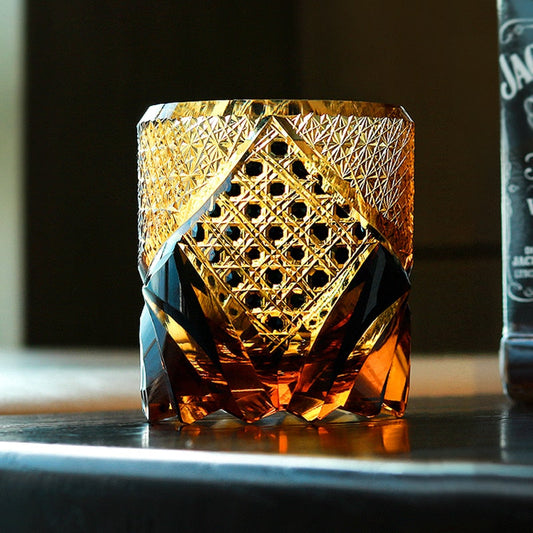 ALDO Kitchen & Dining > Tableware > Drinkware Exquisite Unique Japanese Kiriko Style Crystal Gem Amber Whiskey Glass Manual Diamond Cut Lead Free Crystal Glass