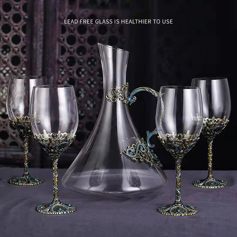ALDO Kitchen & Dining > Tableware > Drinkware Four Enamel Wine Glasses and One Wine Decanter Set / Crystal / Wine Glass:  21.5 x 6.7 x 6.5cm. Decanter: 24cm x 19 cm x 5.5 cm Custom Made Vintage Enamel Lead Free Crystal Goblets Wine Glasses and Wine Decanter Set