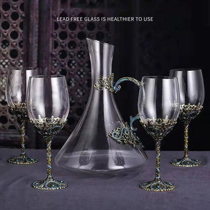 ALDO Kitchen & Dining > Tableware > Drinkware Four Enamel Wine Glasses and One Wine Decanter Set / Crystal / Wine Glass:  21.5 x 6.7 x 6.5cm. Decanter: 24cm x 19 cm x 5.5 cm Custom Made Vintage Enamel Lead Free Crystal Goblets Wine Glasses and Wine Decanter Set