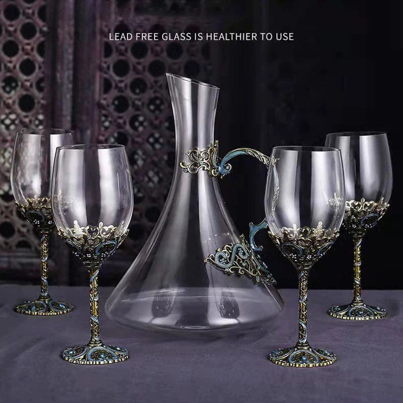 ALDO Kitchen & Dining > Tableware > Drinkware Four Enamel Wine Glasses and One Wine Decanter Set / Crystal / Wine Glass:  21.5 x 6.7 x 6.5cm. Decanter: 24cm x 19 cm x 5.5 cm Custom Made Vintage Enamel Lead Free Crystal Goblets Wine Glasses and Wine Decanter Set