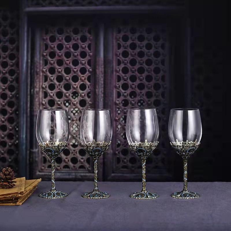 ALDO Kitchen & Dining > Tableware > Drinkware Four Enamel Wine Glasses and One Wine Decanter Set / Crystal / Wine Glass:  21.5 x 6.7 x 6.5cm. Decanter: 24cm x 19 cm x 5.5 cm Custom Made Vintage Enamel Lead Free Crystal Goblets Wine Glasses and Wine Decanter Set
