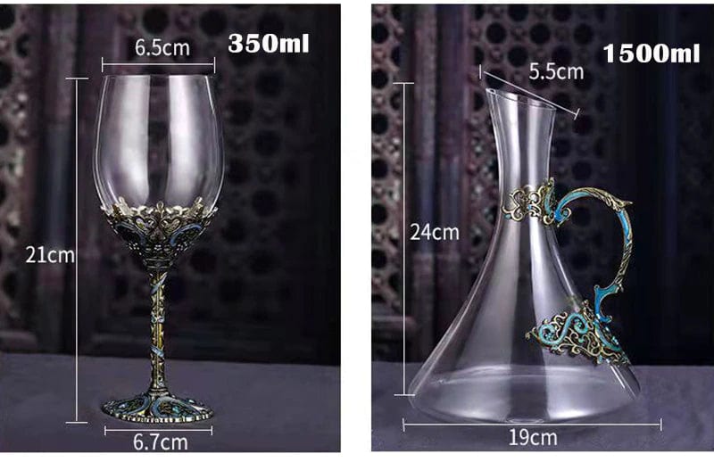 ALDO Kitchen & Dining > Tableware > Drinkware Four Enamel Wine Glasses and One Wine Decanter Set / Crystal / Wine Glass:  21.5 x 6.7 x 6.5cm. Decanter: 24cm x 19 cm x 5.5 cm Custom Made Vintage Enamel Lead Free Crystal Goblets Wine Glasses and Wine Decanter Set