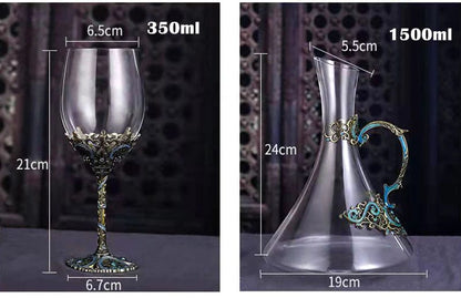 ALDO Kitchen & Dining > Tableware > Drinkware Four Enamel Wine Glasses and One Wine Decanter Set / Crystal / Wine Glass:  21.5 x 6.7 x 6.5cm. Decanter: 24cm x 19 cm x 5.5 cm Custom Made Vintage Enamel Lead Free Crystal Goblets Wine Glasses and Wine Decanter Set