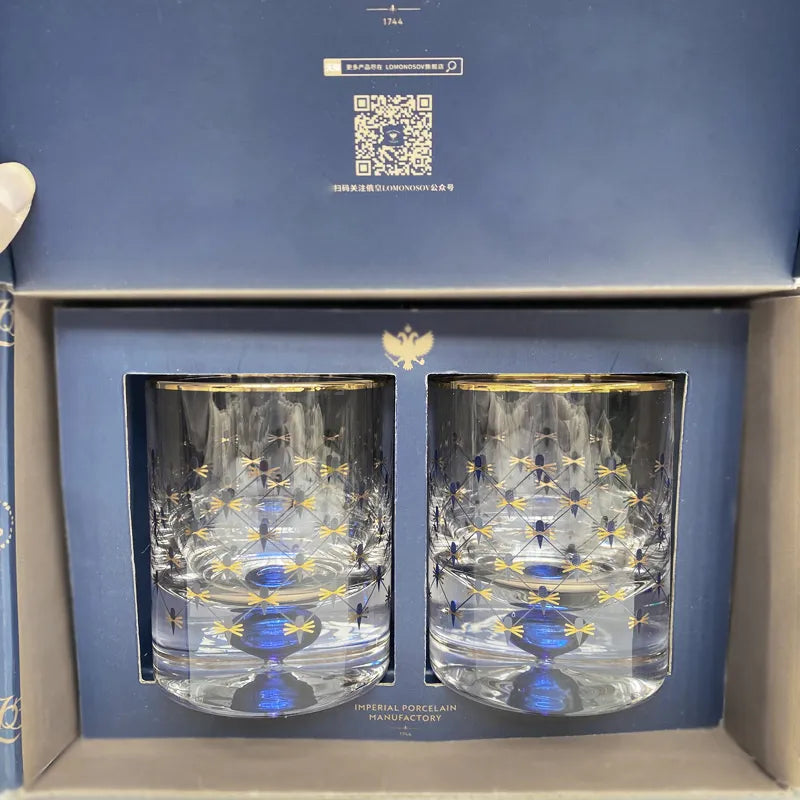 ALDO Kitchen & Dining > Tableware > Drinkware Gift Set 2 Imperial Cobalt Blue Net Crystal Glass Manual Carved Lead Free Crystal with Gold leaf Whiskey Coctail Glass