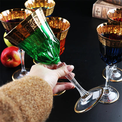 ALDO Kitchen & Dining > Tableware > Drinkware Gleen Luxury Bohemian Lead Free Hand Cut and Hand Blown Crystal Multicolor Wine Goblets Champagne  Glasses with Real Gold leaf