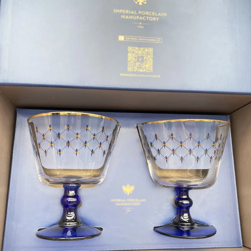 ALDO Kitchen & Dining > Tableware > Drinkware Imperial Cobalt Blue Net Crystal Glass Manual Carved Lead Free Crystal with Gold leaf Whiskey Coctail Glass
