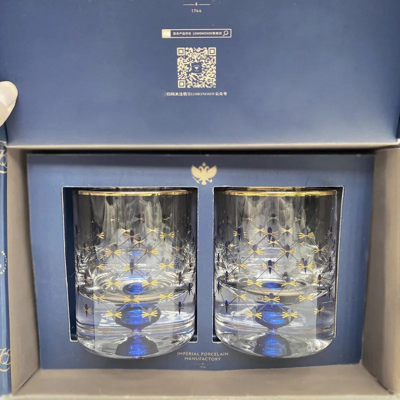 ALDO Kitchen & Dining > Tableware > Drinkware Imperial Cobalt Blue Net Crystal Glass Manual Carved Lead Free Crystal with Gold leaf Whiskey Coctail Glass