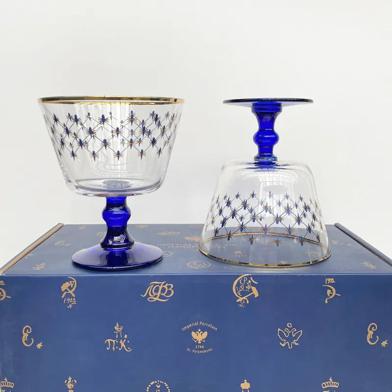 ALDO Kitchen & Dining > Tableware > Drinkware Imperial Cobalt Blue Net Crystal Glass Manual Carved Lead Free Crystal with Gold leaf Whiskey Coctail Glass