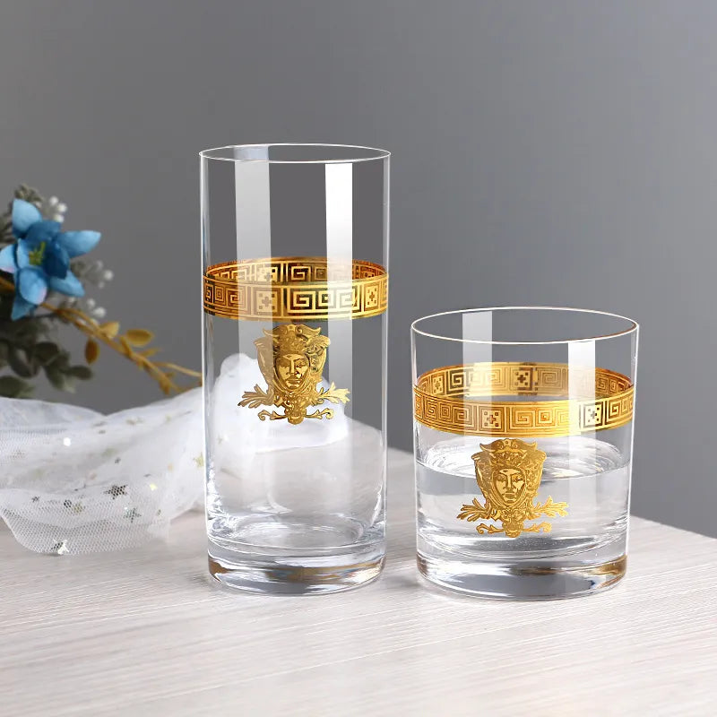 ALDO Kitchen & Dining > Tableware > Drinkware Lead- Free  Crystal Luxury Versace Style Hand Cut and Blown 24 Karat Gold Plated Glasses for Whisky Shampaign Vodka Cocktails