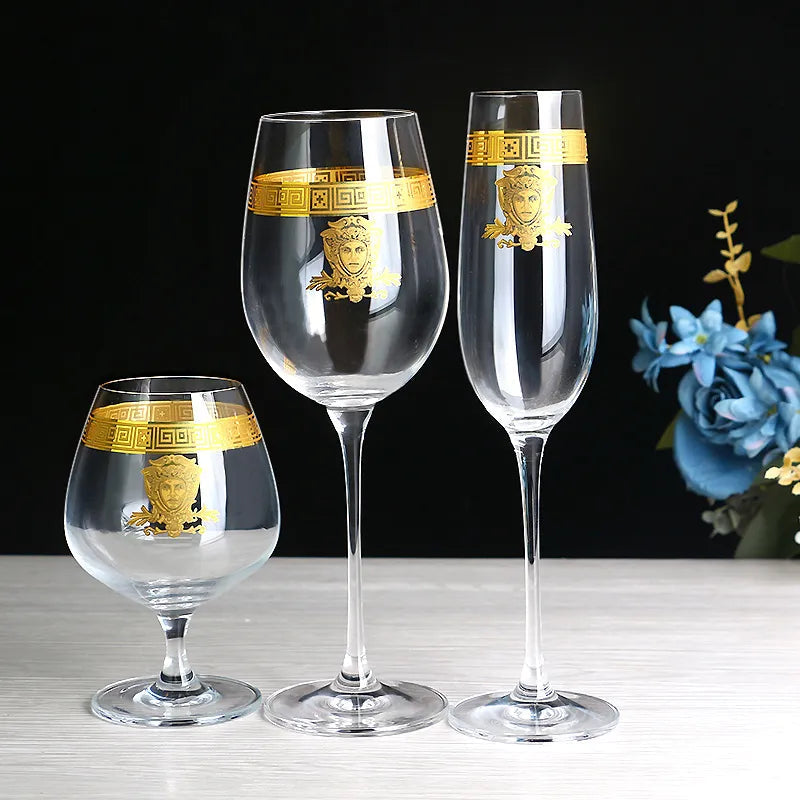 ALDO Kitchen & Dining > Tableware > Drinkware Lead- Free  Crystal Luxury Versace Style Hand Cut and Blown 24 Karat Gold Plated Glasses for Whisky Shampaign Vodka Cocktails