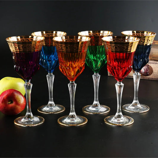 ALDO Kitchen & Dining > Tableware > Drinkware Luxury Bohemian Lead Free Hand Cut and Hand Blown Crystal Multicolor Wine Goblets Champagne  Glasses with Real Gold leaf