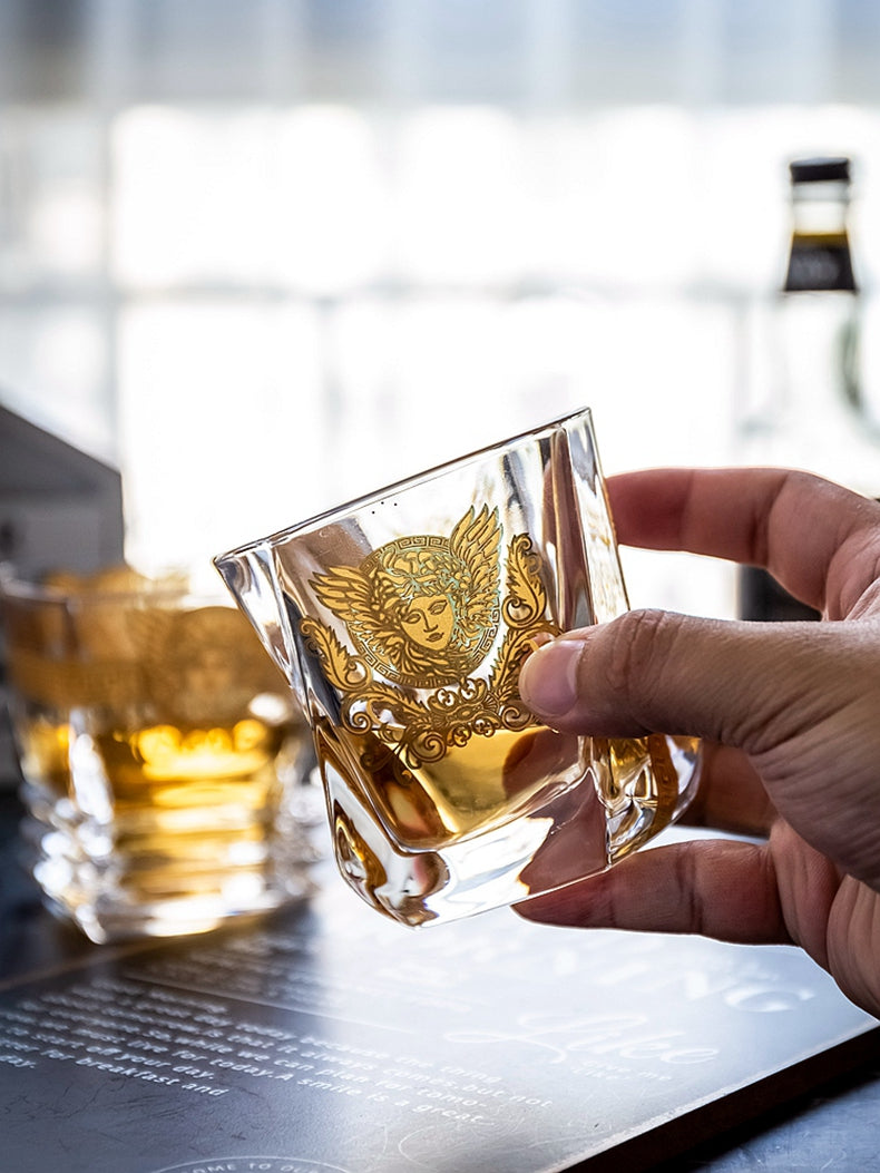ALDO Kitchen & Dining > Tableware > Drinkware Luxury Versace Style Hand Cut and Blown 24 Karat Gold Plated Crystal lead Free Glasses for Whisky Vodka Cocktails