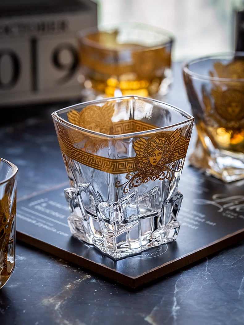 ALDO Kitchen & Dining > Tableware > Drinkware Luxury Versace Style Hand Cut and Blown 24 Karat Gold Plated Crystal lead Free Glasses for Whisky Vodka Cocktails